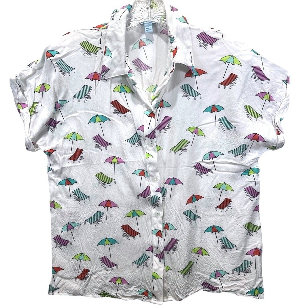 Blue Sol Umbrella Print Collared Beachy Casual Blouse Large White Red Blue
